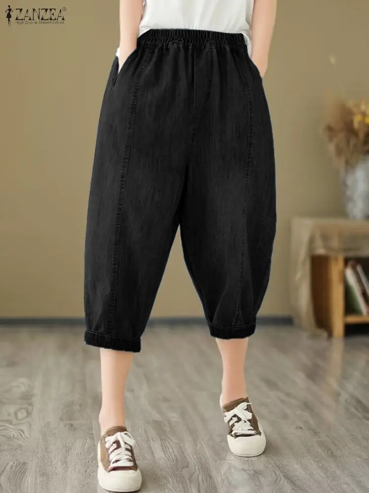 ZANZEA سراويل صيفية للسيدات بطول العجل موضة 2025 بخصر عالٍ وجيوب متينة غير رسمية سراويل فضفاضة عتيقة بخصر مطاطي #3