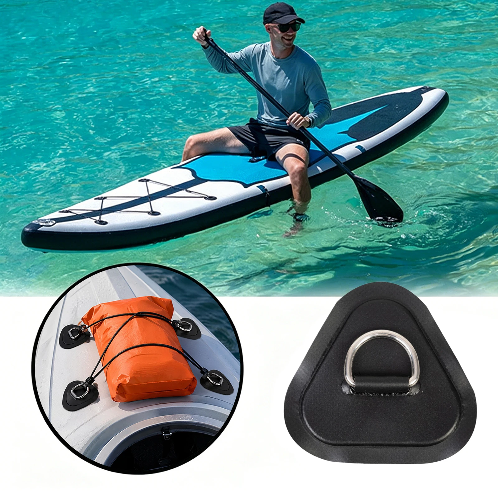 4 Pack Stainless Steel D-Ring Triangle Patch Waterproof Paddle Board D-Ring Patch Kit for Paddles Boards Canoe Surfboard