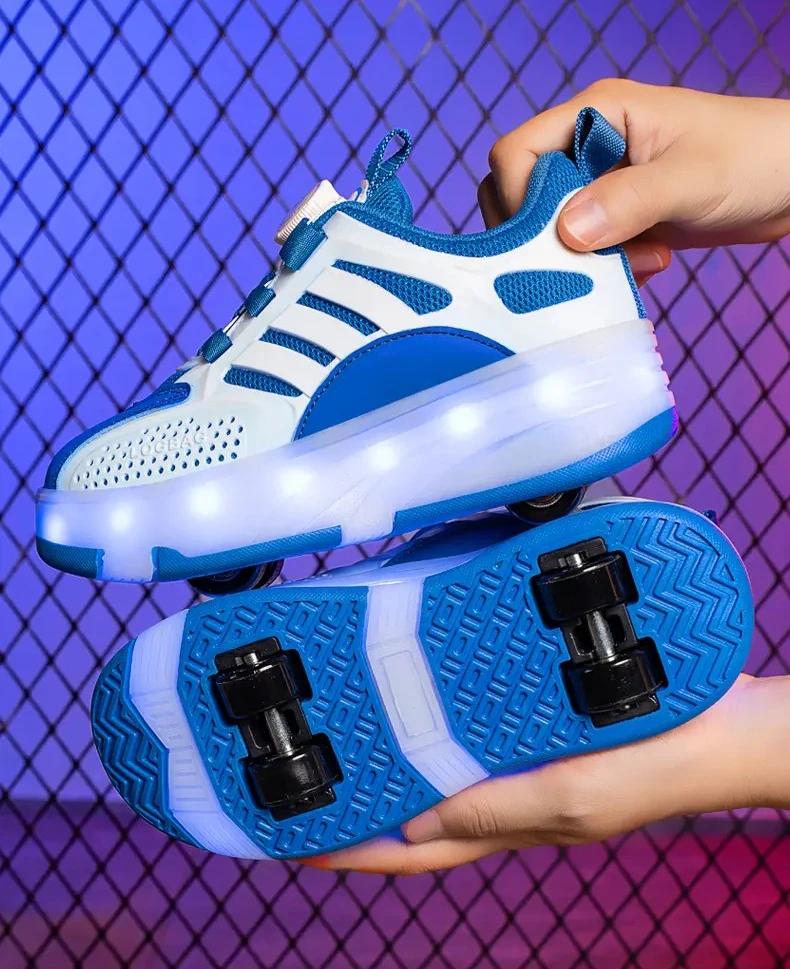 

2025 New style rotating buckle small four-wheel running shoes with lights, children's outdoor roller skates kids sneakers