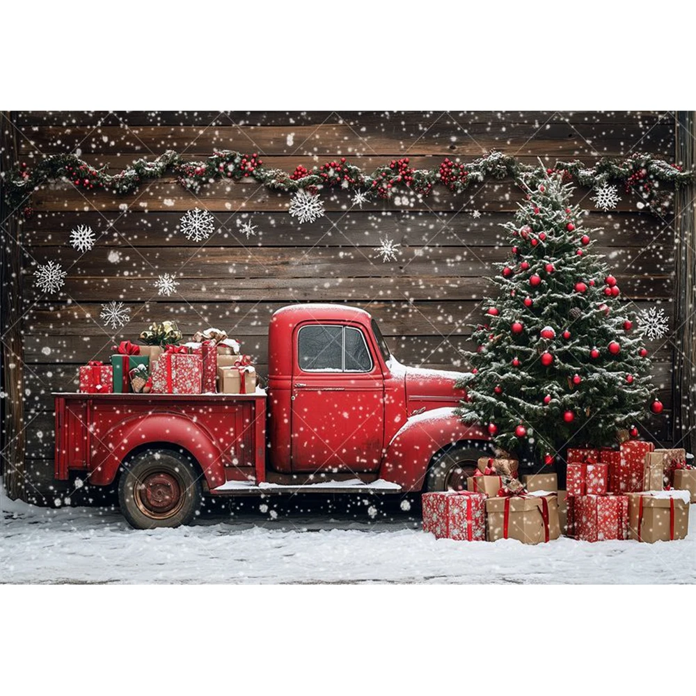 Winter Christmas Vintage Truck Photography Background Night Snow Wooden Wall XMAS Tree Baby Portrait Indoor Shoot Backdrop Decor