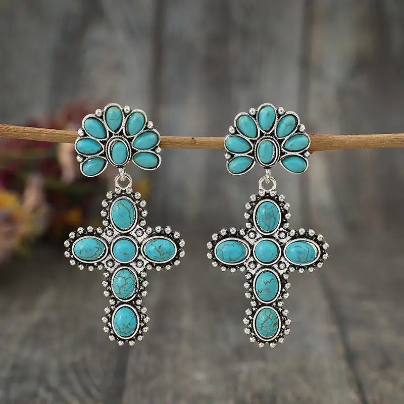 Blessed Christian Jewelry Western Style Faux Turquoise Stone Cross Earrings 2024 Wholesale Women\'s Western Cross Stud Earrings