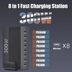 240W/300W Desktop GaN 8-port for Cellphones Quick Charger, Fast Charging Station Adapte for Iphone/Samsung/Xiaomi, LED Indicator