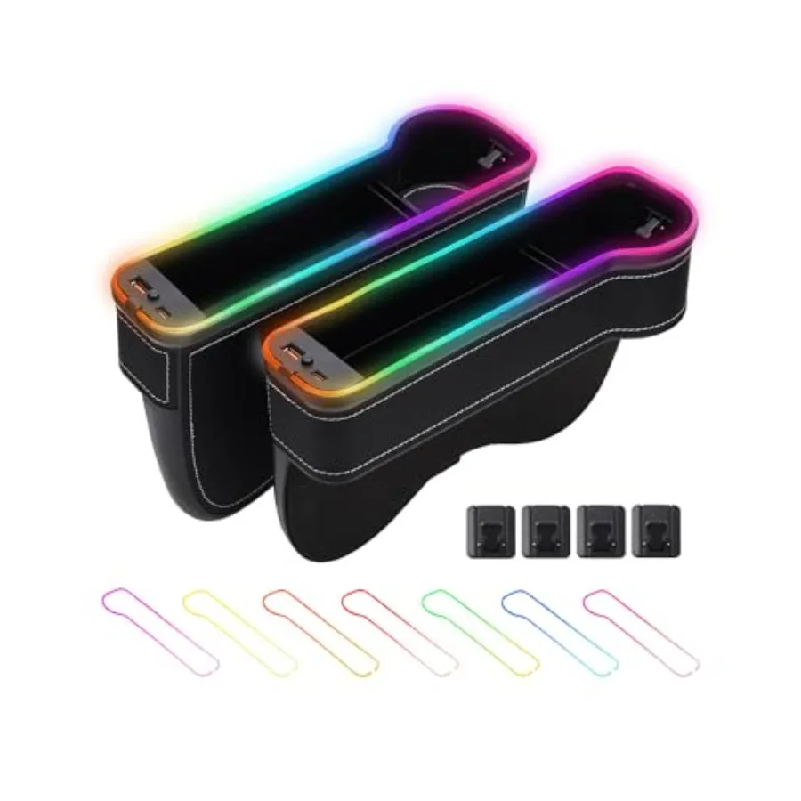 

Светодиодный органайзер-заполнитель для зазора между сиденьями автомобиля, бокс для хранения между сиденьями с подстаканниками, RGB-подсветка, для передних сидений
