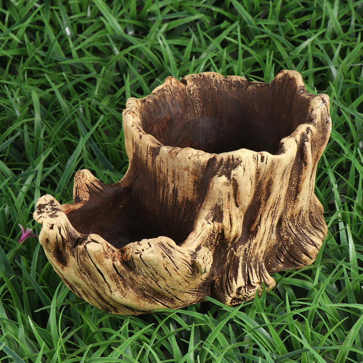 

Double Compartments Cement Flowerpot Retro Wood Stump Shape Creative Yellow Home Office Decoration Durable Lightweight