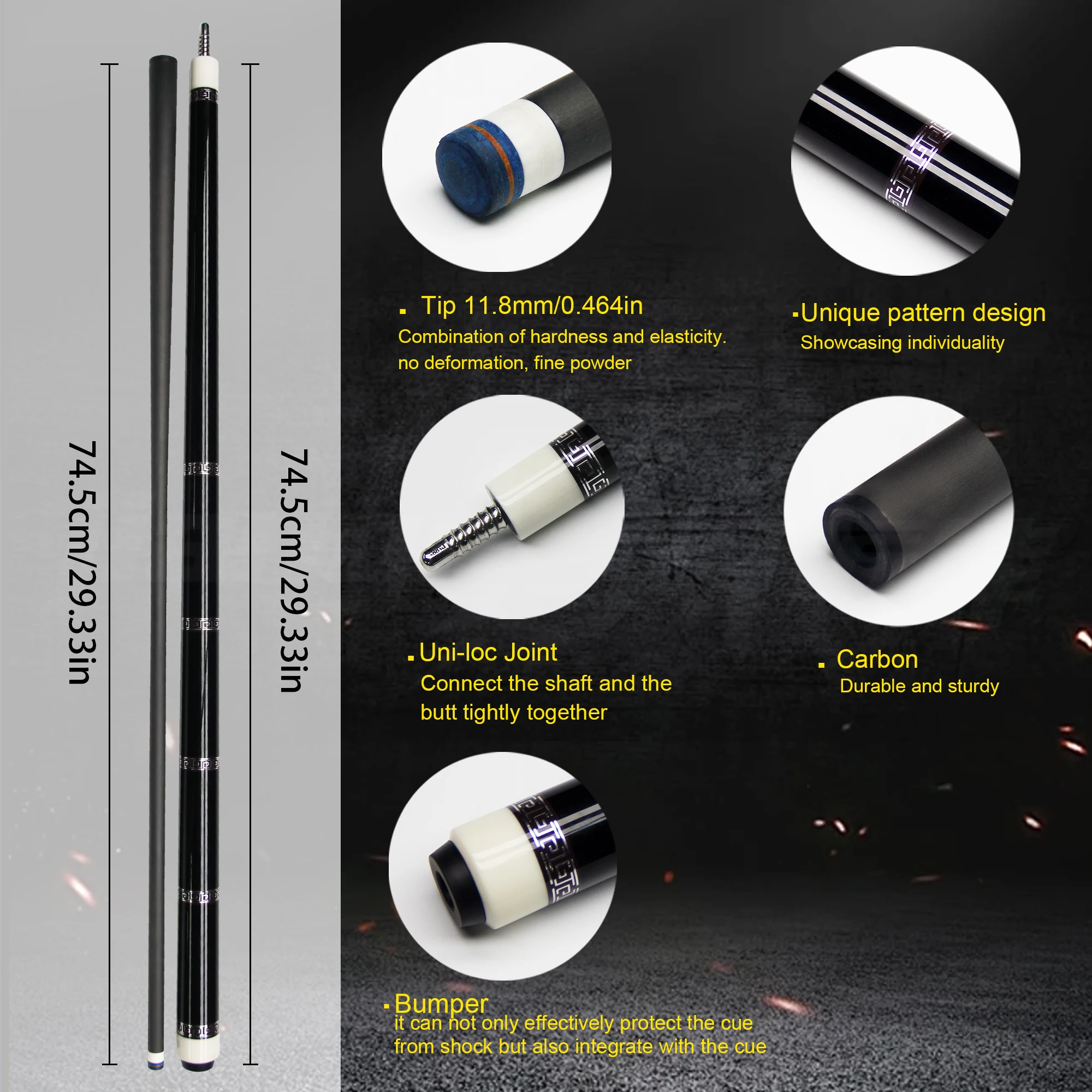 

Pure Carbon Fiber 11.8mm Tip Pool Cue Stick with Uni-Loc Joint for Snooker 3 Cushion Carom Billiards 2-Piece Tacos de Billar