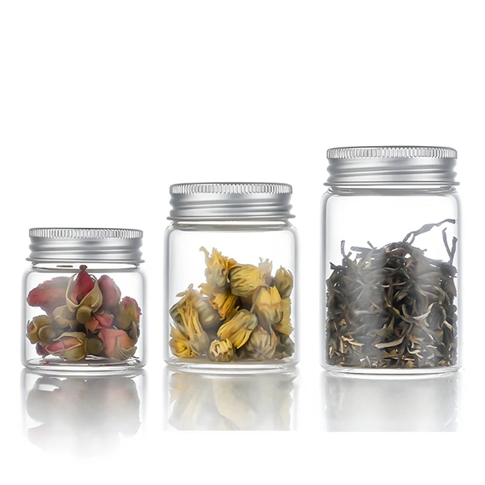 

The Capacity is 50ml 60ml 80ml,Aluminum Cover Glass Vials,Used for Weddings Parties Gifts,4.7cm Diameter Glass Jars 6pcs