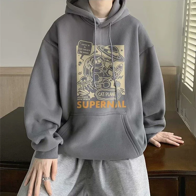 New Cartoon Cat Planet Graphic Hoodies For Men Y2K Vintage Purple Hooded Sweatshirts Women Hip Hop Fashion Fleece Hoody Clothes