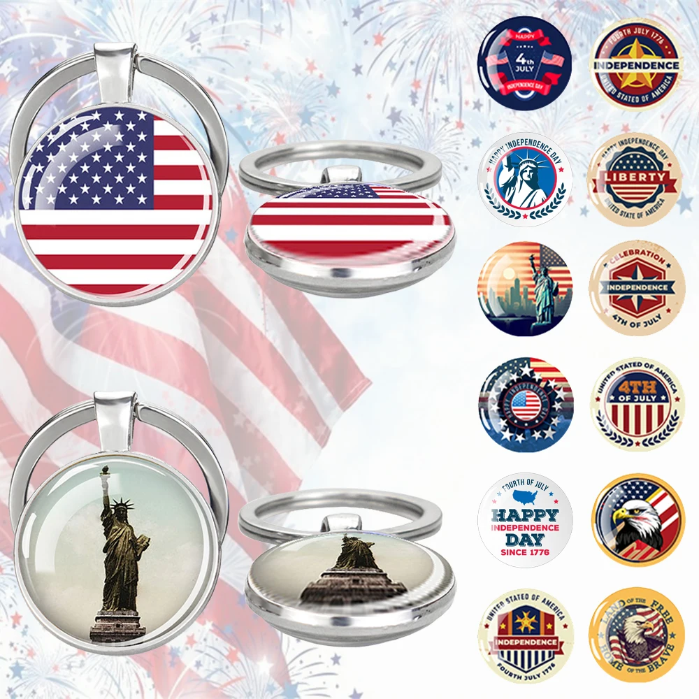 United States Flag Keychains Statue of Liberty Eagle Flag Two-Sided Pendant Key Chain USA Independence Day Jewelry Keyring Gift