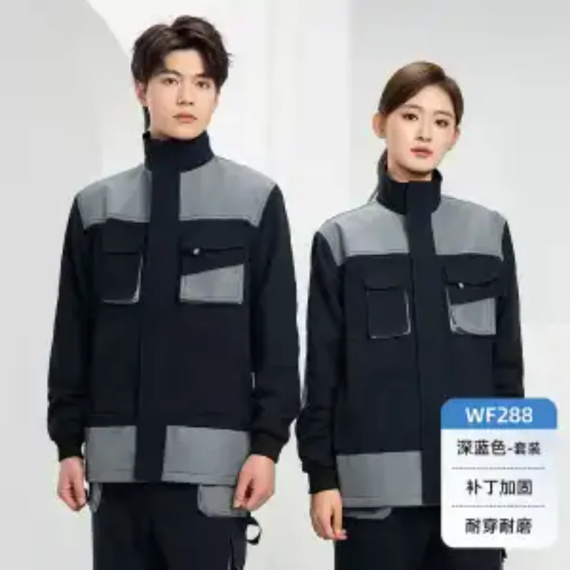 Men Contrast Multi Pocket Workwear Suit Reinforced Wear Resistant Work Uniform Set For Mechanic Construction