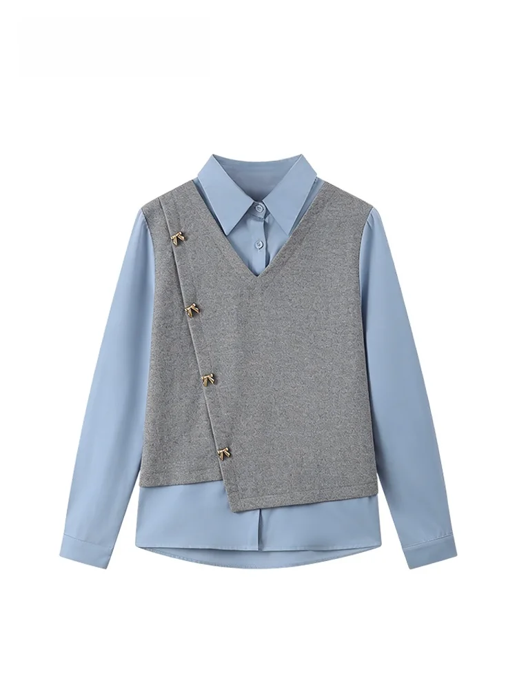 

Повседневная свободная рубашка больших размеров для женщин, весенняя, с эффектом двухслойности, стройнящая, дизайнерская, в стиле CaraCLUB, французский стиль, с длинным рукавом, Henry Co...