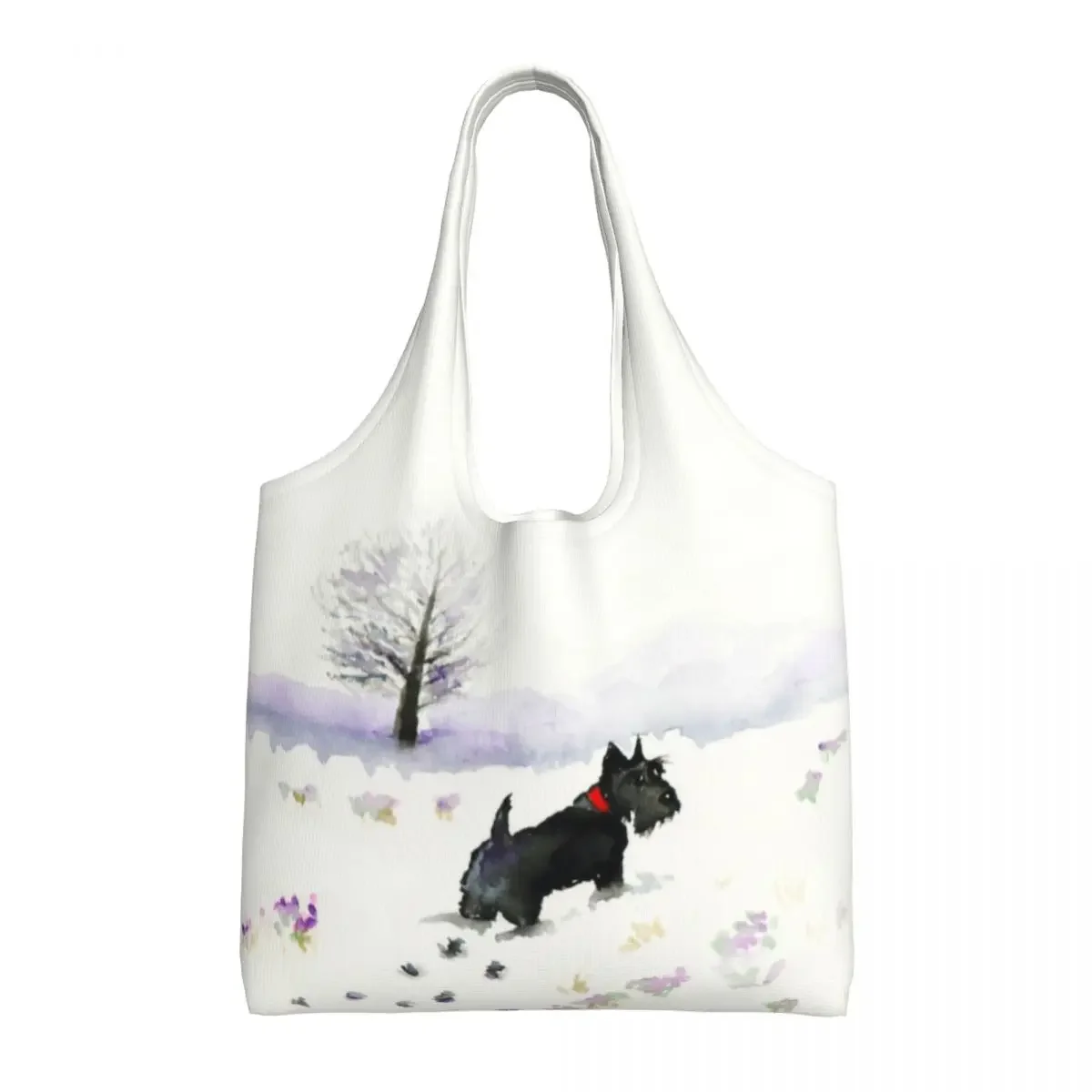 Kawaii Scottie Dog Waiting For A Friend Shopping Tote Bag Reusable Scottish Terrier Grocery Canvas Shoulder Shopper Bags Handbag