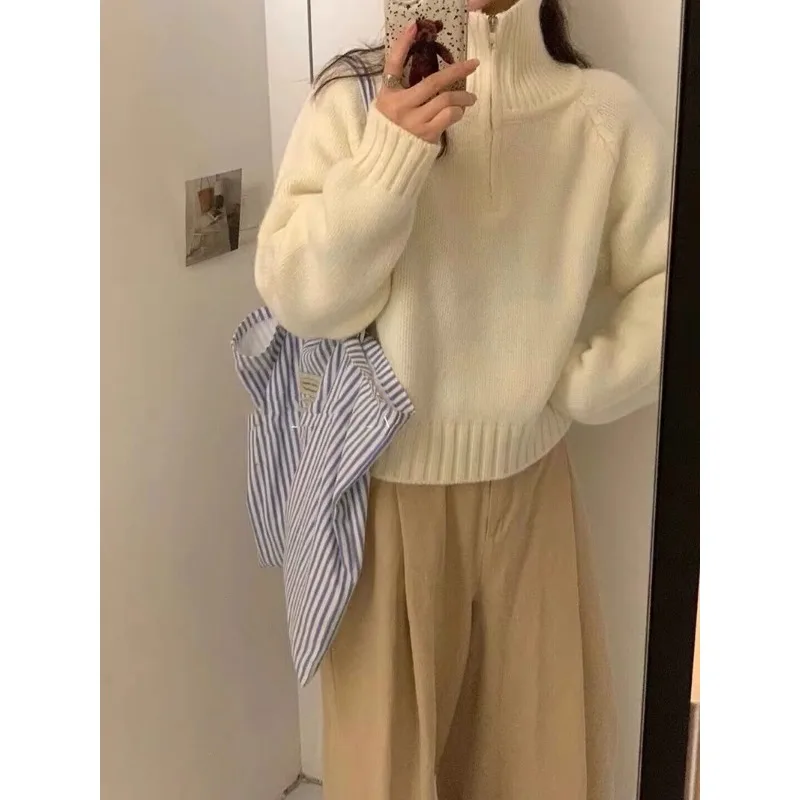 الخريف الشتاء طويلة الأكمام نصف سستة البلوز سترة الياقة المدورة الحلو التلبيب بلوزات فضفاضة عادية محبوك أنيقة الكورية البلوز