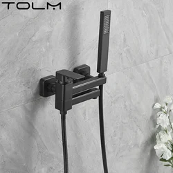 TOLM-Soporte de rociador de ducha de mano, boquilla de llenado de bañera integrada de doble orificio, juego de grifo de baño de un solo Mango, negro/blanco