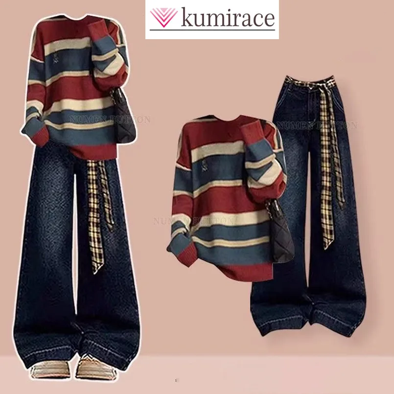 Spring and Autumn Vintage Age Reducing Striped Top+Loose and Skinny Wide Leg Jeans Two Piece Set