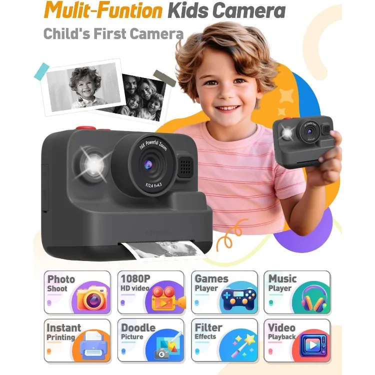 Kids Camera Instant Print, Christmas Birthday Gifts for 3-12 Year Old Boys Girls, 2.4in Screen 1080P