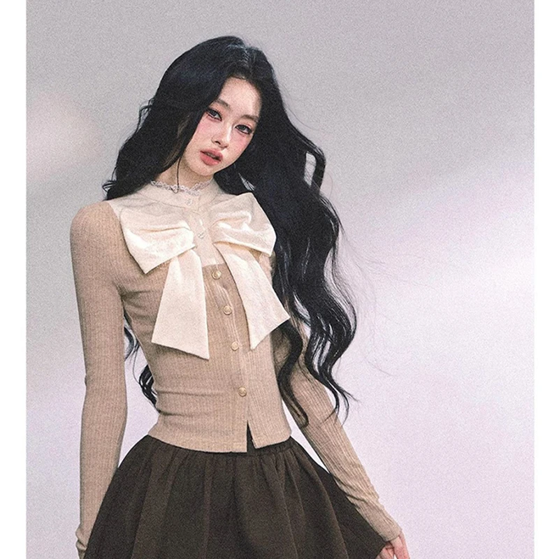 Streetwear Bow T Shirts Women Fashion Elegant Lace Patchwork Tops Korean Stand Collar Long Sleeve Tees Winter Slim Clothes New