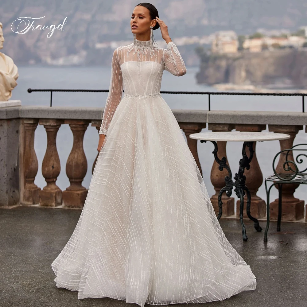 Traugel Elegant Illusion High Neck Long Sleeve A Line Wedding Dresses Luxury Appliques Beaded Court Train Vintage Bridal Gown