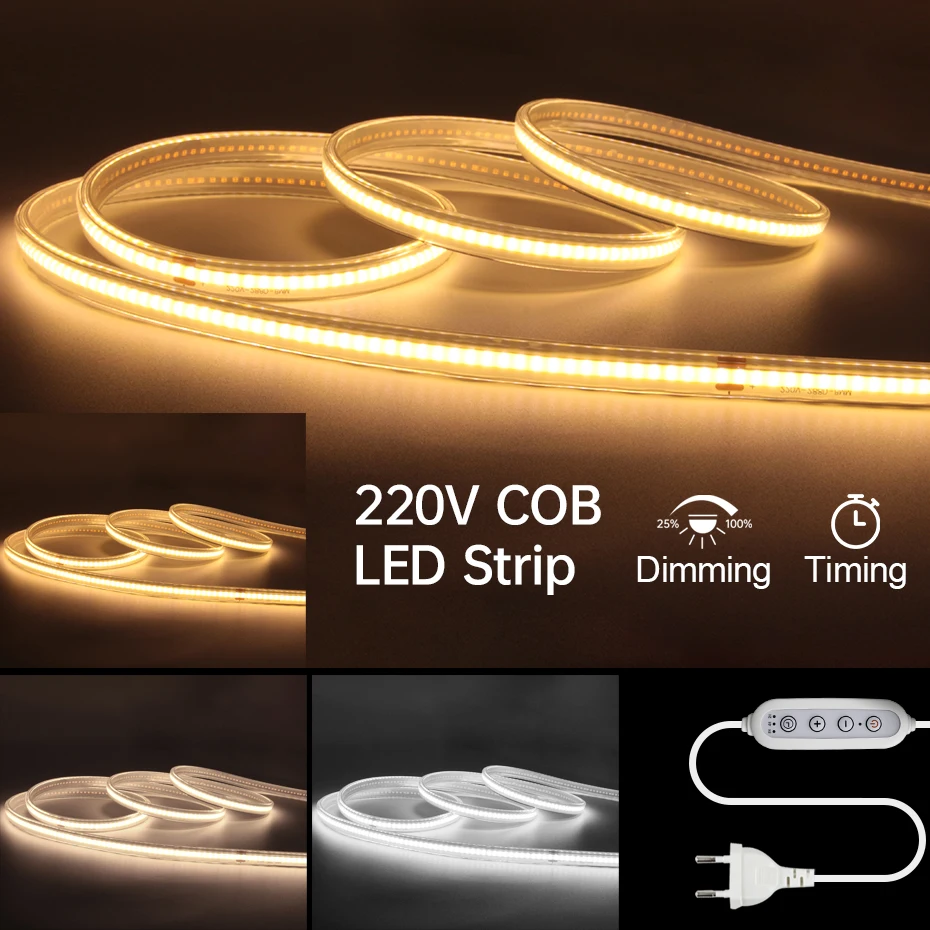 

Суперяркая светодиодная лента COB, 220 В, 288 светодиодов/м, IP65, водонепроницаемая, 1–25 м, с диммером синхронизации ЕС/Австралии/Великобритании, варианты цвета по часовой стрелке CW/NW/W