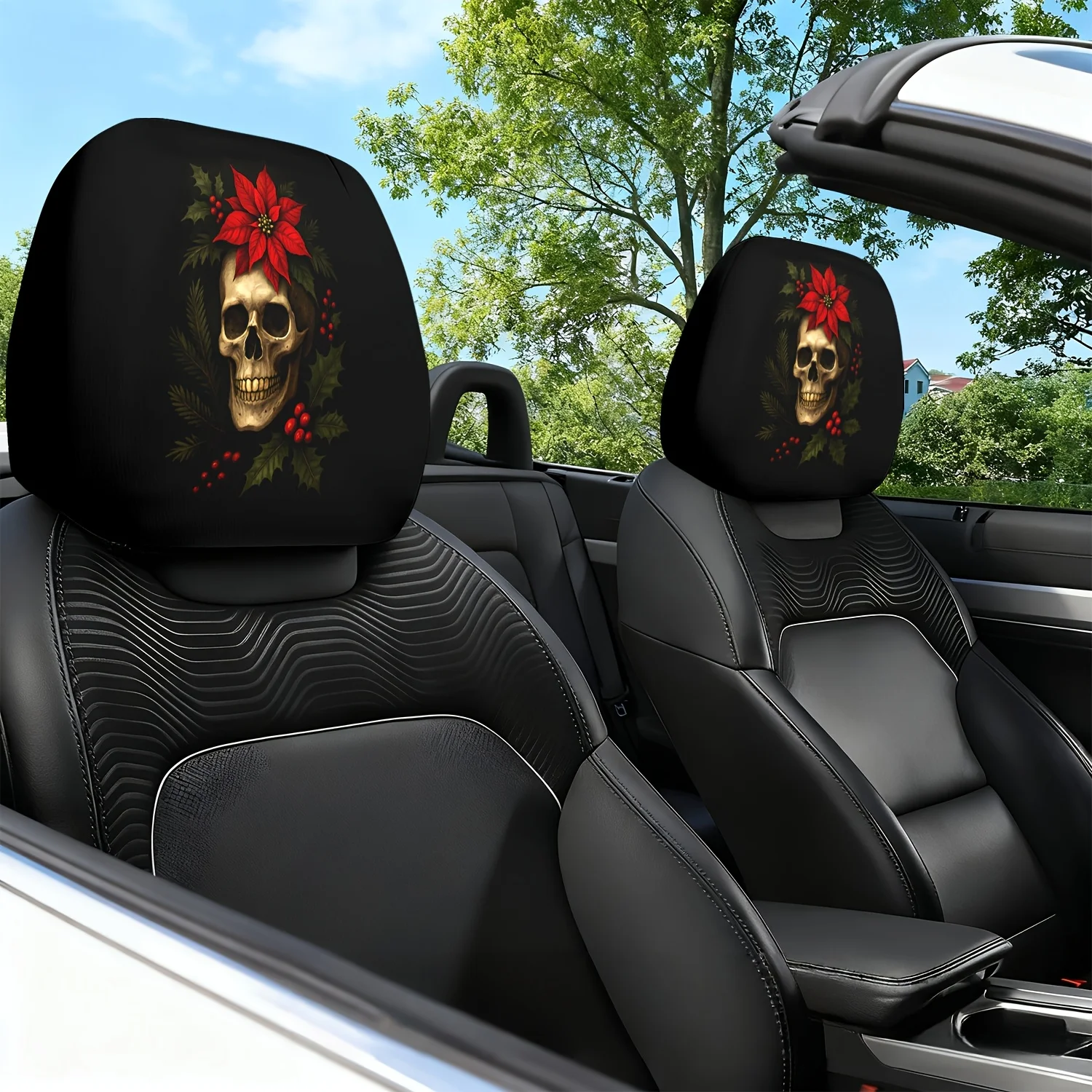 

Set of 2 Skull Floral Print Car Headrest Covers Unfilled Stylish And Comfortable Protects Vehicle Seat Headrests Easy to Install