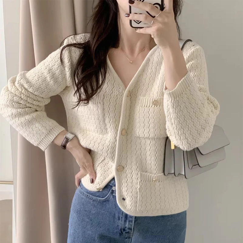 V-neck Long Sleeve 2025 Woman Cardigan Solid Wave Outerwears Multi Pockets Sweater Knitted Cardigans Autumn New Ropa Mujer