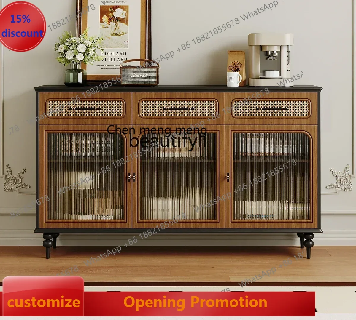smt7486 Solid wood medieval dining side cabinet American retro light luxury rattan storage cabinet integrated against the wall s