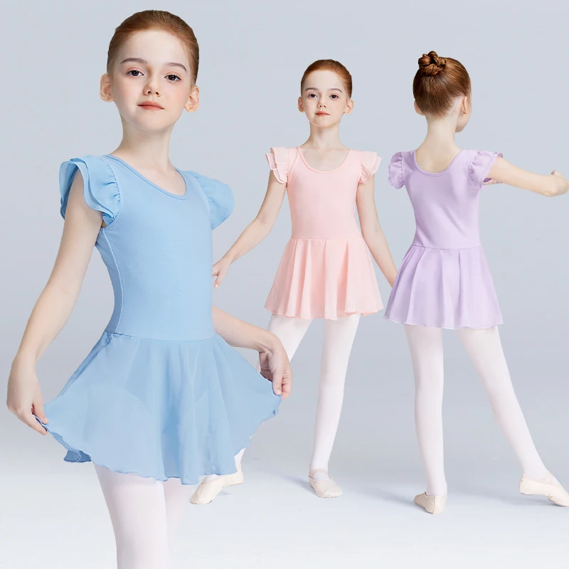 Justaucorps de Ballet pour filles avec jupe, robe de danse à manches courtes, vêtements de gymnastique, tenue Tutu pour enfants, uniforme de pratique de Ballet