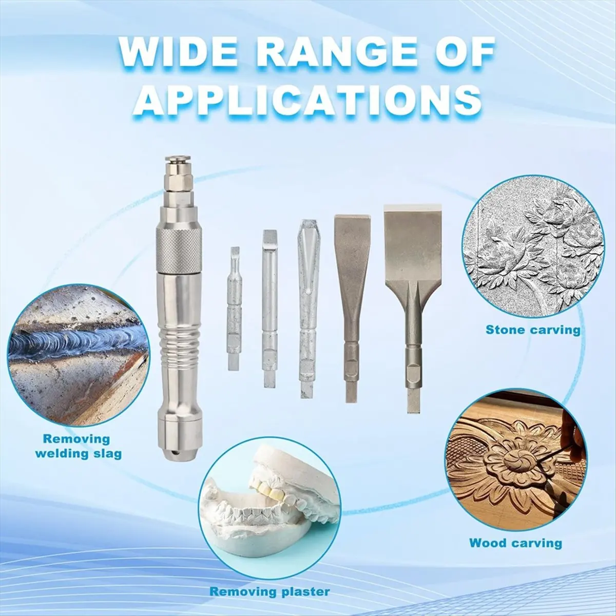 【WSFS】 Micro-Air Flux Chipper for Removing Plaster Welding Slag Stone and Wood Carving with Foot Switch and 5 Chisels -12595K