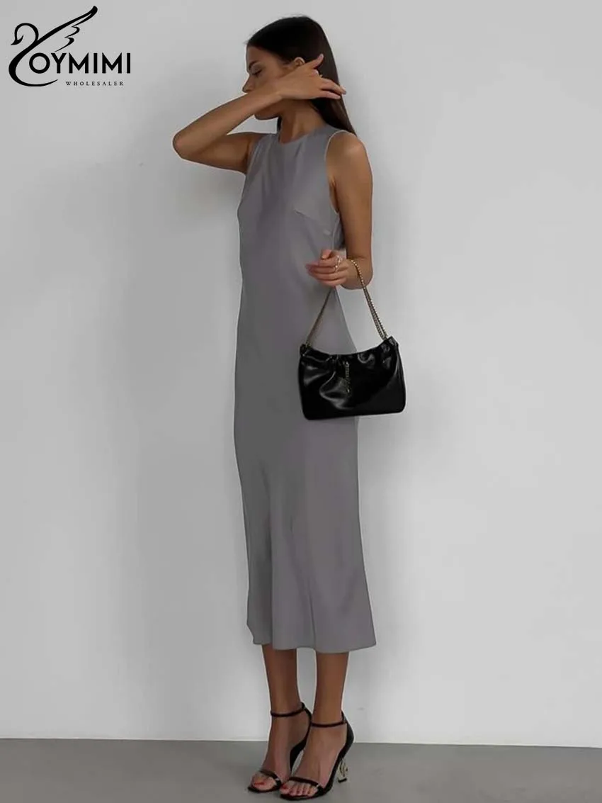 Oymimi Casual Grey O-Neck Womens Dresses Elegant Sleeveless Slim Simple Dresses Autumn New Straight Mid-Calf Dress Streetwear