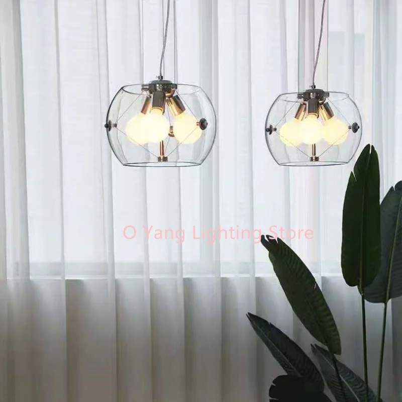 Candelabro de dormitorio diseñado de vidrio transparente, lámpara colgante de tres bolas de dragón, lámpara colgante de tres cabezas, bombilla G80