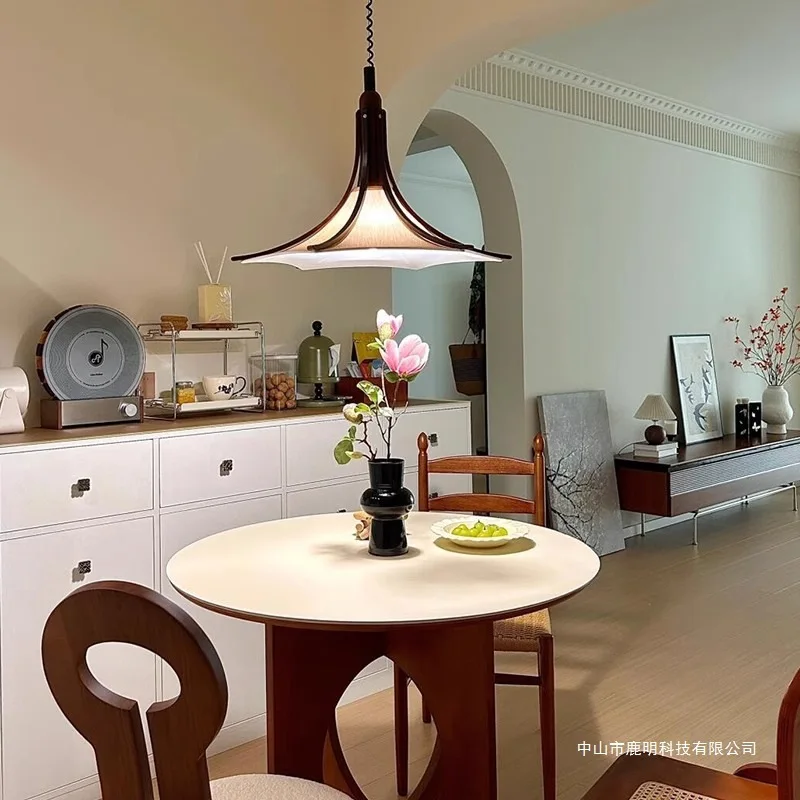 Lifting Solid Wood Chandelier Retro Wabi-sandy Wind Adjustable Retractable Tea Room Dining Table Fabric Study Restaurant Light