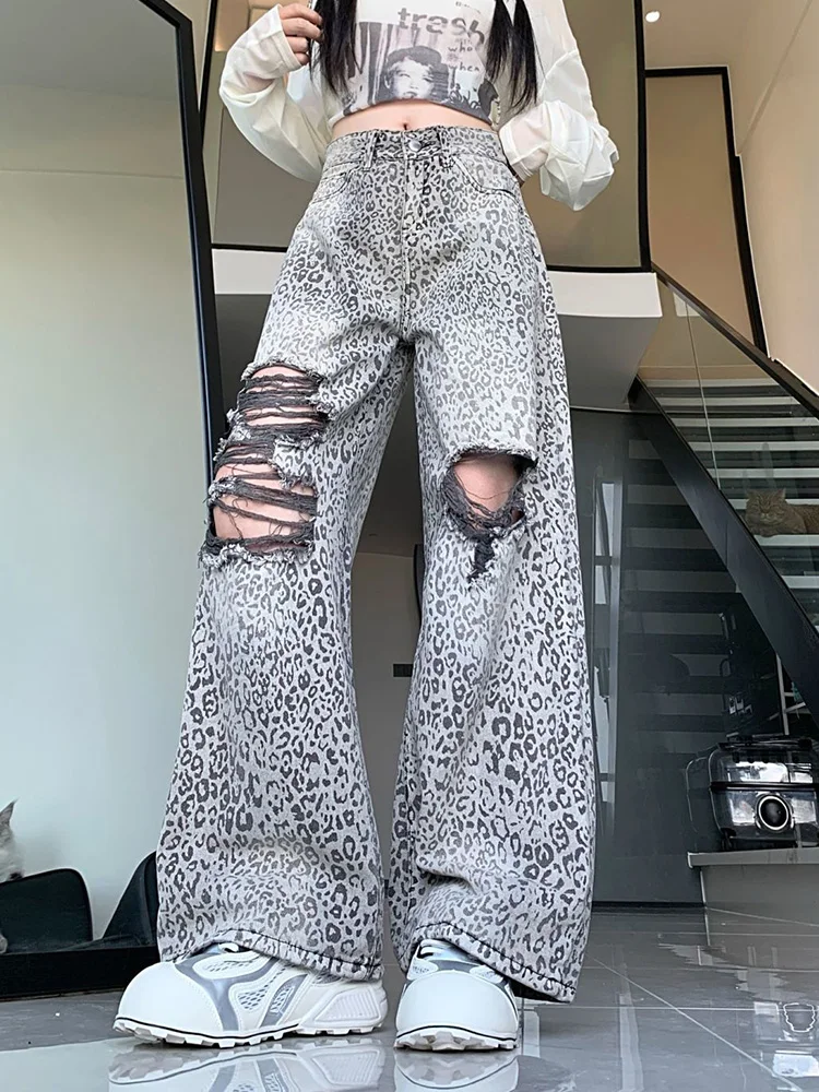 

Y2k Hole Leopard Jeans Women Harajuku Vintage American High Waist Denim Pants Spring Streetwear Hop Female Loose Trousers