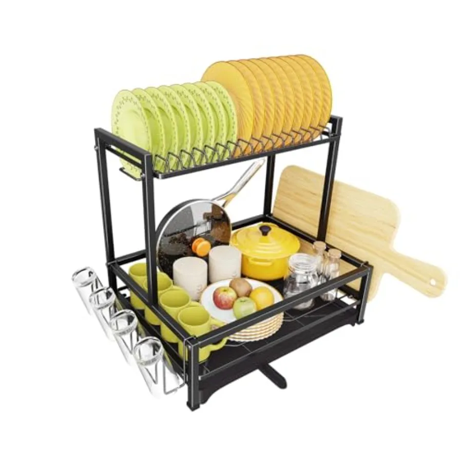 

Kitchen Dish Drying Rack 2Tier Dish Rack with Drainboard Stainless Steel Dish Drainer Organizer Black