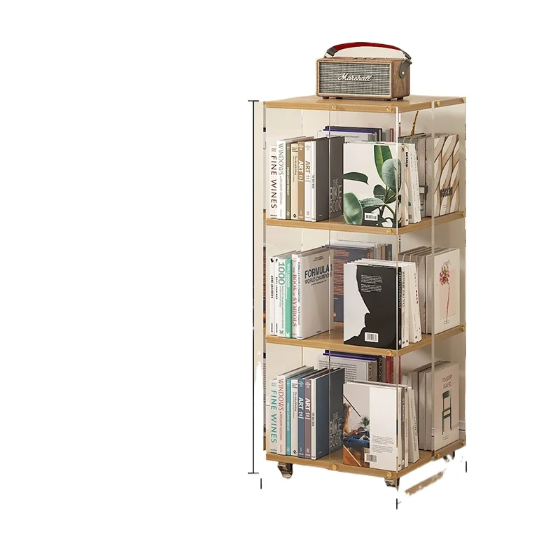 Acrylic Creative Rotary Bookshelf Home Study Display Cabinet Solid Wood Floor Shelf Corner Bookcase