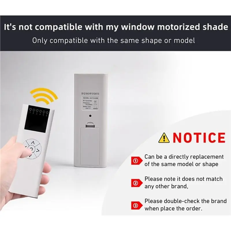 DT23 AC114 Series Channel Blinds Remote Control for Motorized Roller Shades Models AC114-01 AC114-02 AC114-06