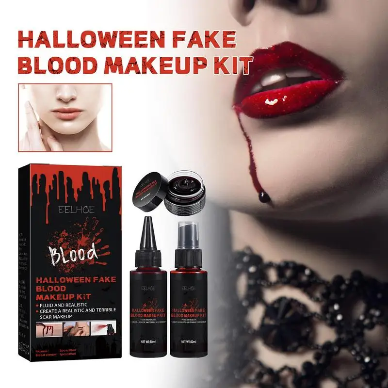 Kit de Faux Sang pour Halloween, Ensemble de Maquillage Lavable pour Vêtements, Sang Liquide Réaliste