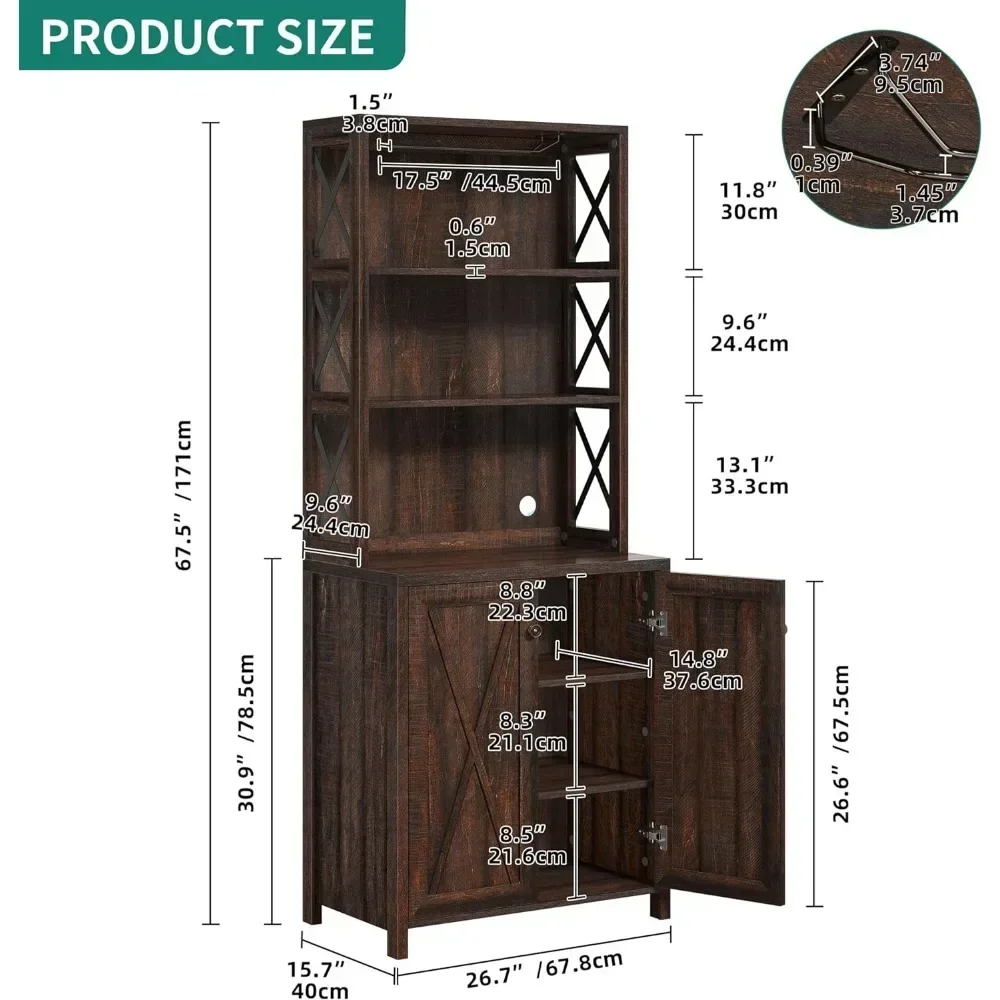 Armário de bar para licores e copos, armário de cozinha de sala de jantar com rack de vinho, prateleiras de armazenamento abertas de armário alto