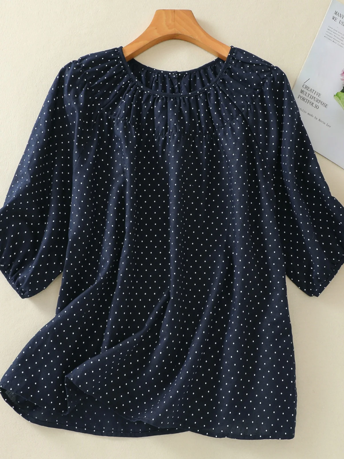 Retro cotone lino a pois irt donna estate Sli sciolto rotondo Ne Five Sve cotone lino T irt Top