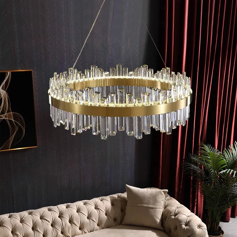 Modern round crystal chandelier in gold, luxury ceiling decoration, suitable for bedroom, dining room, adjustable hanging rope