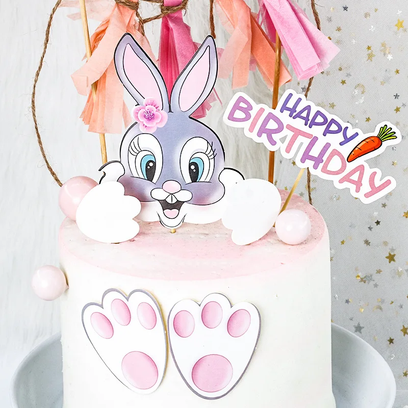 Cake Topper Rabbit Bunny Footprint Carrot Kids Happy Birthday Wedding Decoration Cupcake Decor Party Baking Supplies DIY Easter