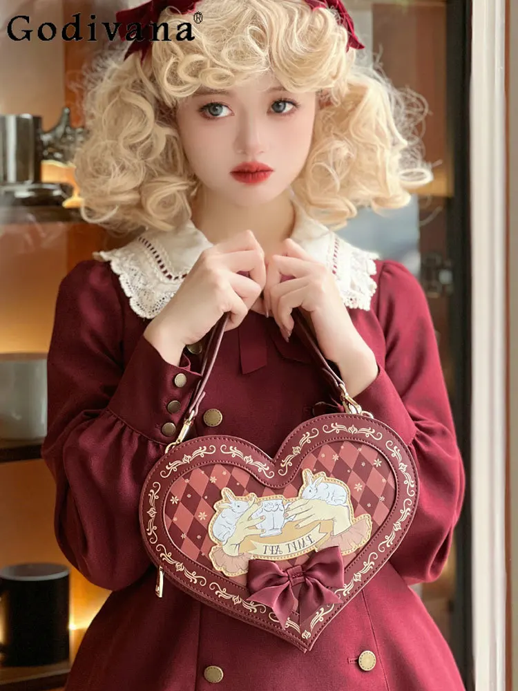 

Japanese Original Soft Girl Sweet Lolita Small Capacity Heart Handbag 2025 New Vintage Elegant Tea Series Shoulder Bag