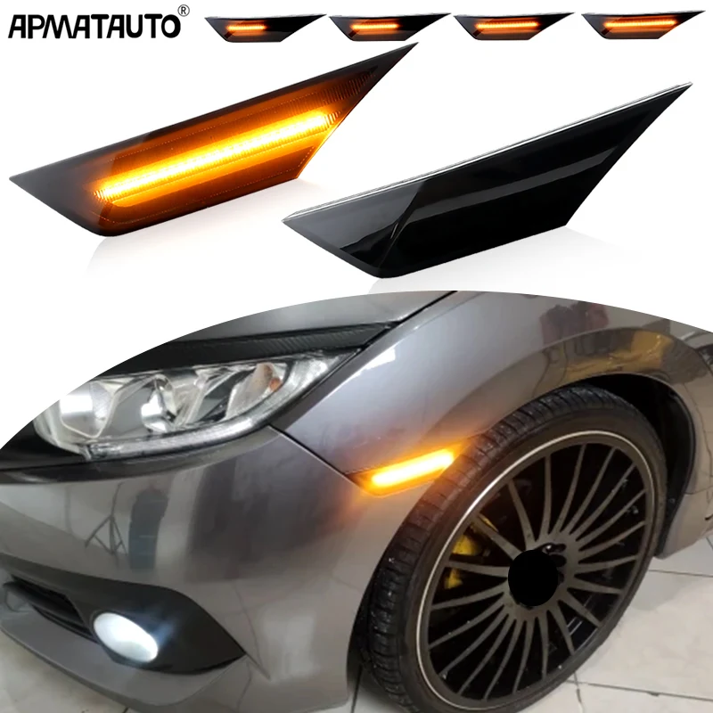LED Dynamic Side Marker Lights Sequential Turn Signal Lamps T10/W5W For 2016 - 2021 Honda Civic 10th Gen Amber Bumper Reflector