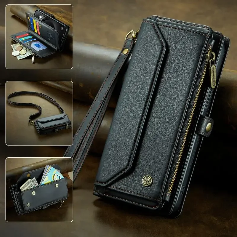 

Wallet Card Lanyard Phone Case for iPhone 17 16 15 14 Pro Max 13 12 Mini 11 SE 2022 X XR Crossbody Zipper Leather Cover Bag