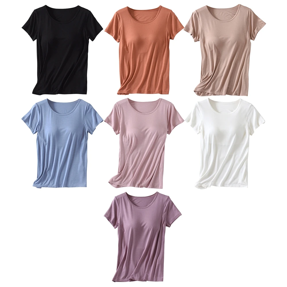 Comfortable Modal Cotton T-shirt O-neck Women\'s Short Sleeve Solid Color Homewear Tops with Chest Padded All-match