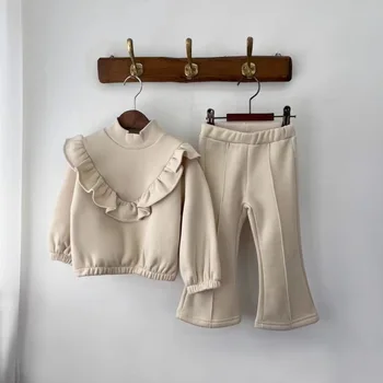 Conjunto de sudadera de algodón con cuello alto para niños y niñas, Tops gruesos con volantes sólidos, corte de bota, 2 piezas, informal, Invierno