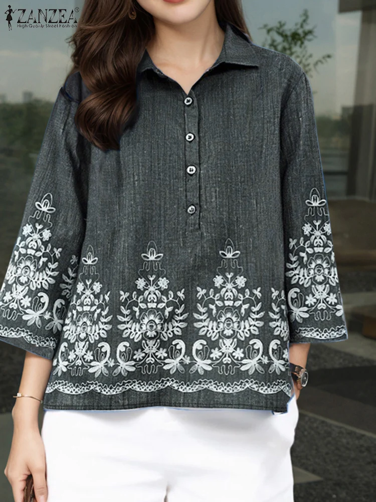 

ZANZEA Bohemian Women Blouse Vintage Floral Print Turn-Down Collar 3/4 Sleeve Half-Button Blusas Mujer Casual Loose Holiday Tops