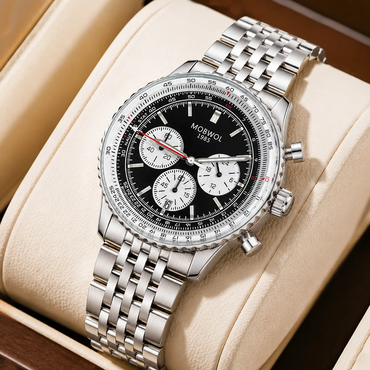 Montre chronographe pour homme MOBWOL 1985, bracelet en acier inoxydable, étanche 30M, montre sport à quartz, montre de luxe pour homme, cadeau