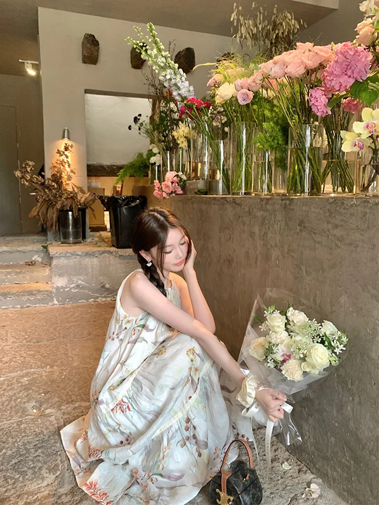Floral Print Maxi Dress Women's Long Over-Knee Gentle Style Simple Elegant Slimming Holiday Vibes A-line Dress Citywalk