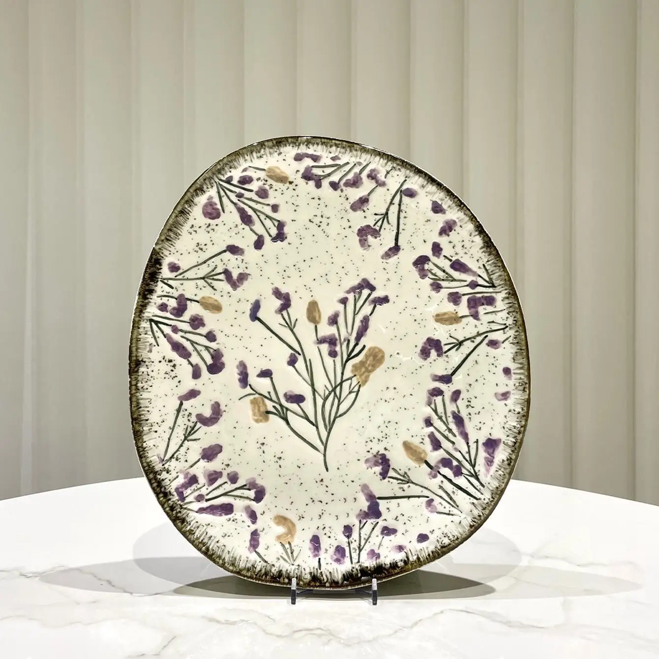 DSA purple retro elegant flower pattern ceramic irregular plate, high-end simple texture ceramic plate