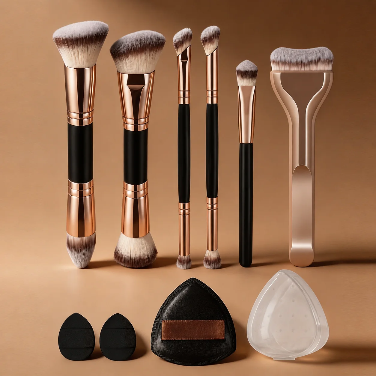Conjunto de Pincéis de Maquiagem com 9 Peças, Incluindo 6 Pincéis e 3 Esponjas, Pincel para Base, Pincel para Blush, Pincel para Corretivo, Pincel par