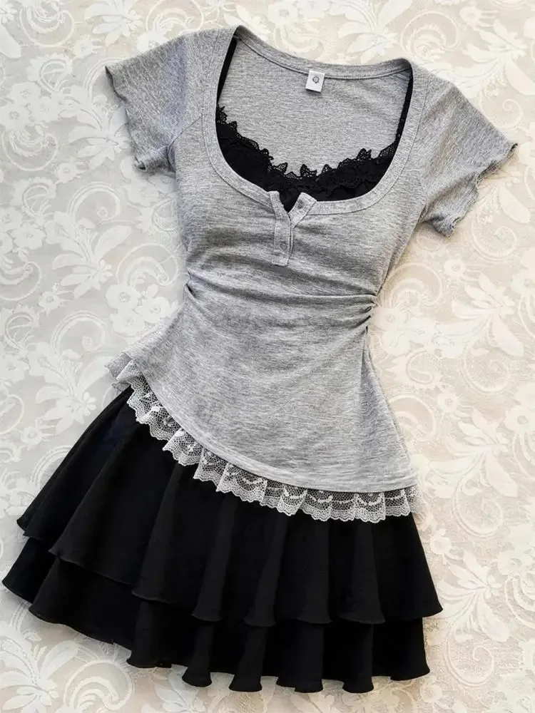 2-teilige Sets für Damen, Patchwork-Spitze, unregelmäßige Kurzarm-T-Shirts, Tunika, Sling-Kleid-Outfits, modische, süße Sommer-Outfits